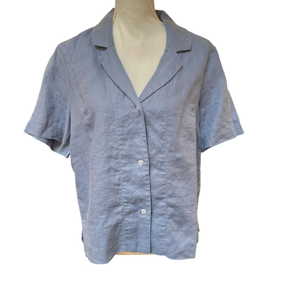 Quince Blue Linen Blend Short Sleeve Button Front Blazer Top Size M